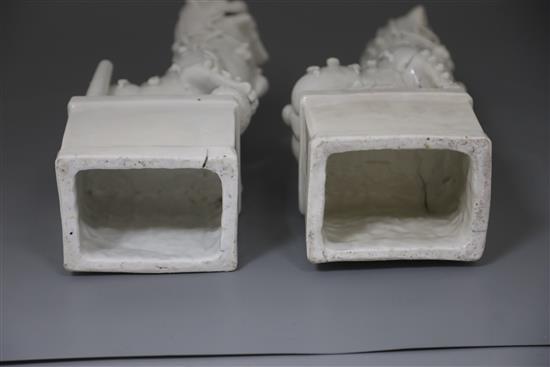 A pair of large Chinese blanc de chine Buddhist Lion joss stick holders, Dehua, Kangxi period, H. 34.5cm